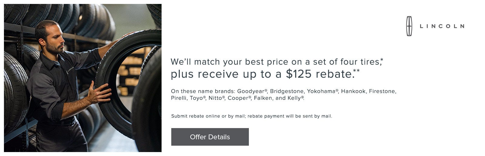 service offer for tire rebate up to $125 on select brands